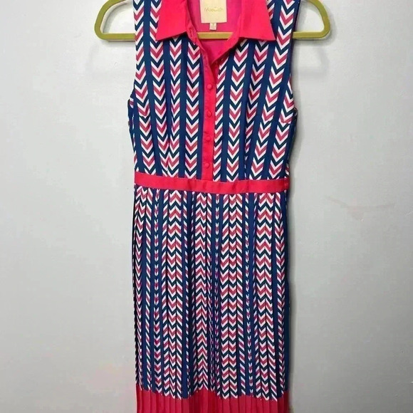 ModCloth blue pink white chevron retro pleated collared midi dress - Picture 2 of 4